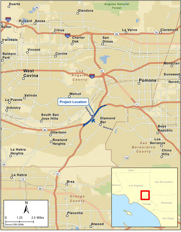This map shows the roadway network in the general vicinity of the project. State Routes 57 and 60 converge near Diamond Bar. 