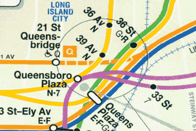 The 63rd Street Connection is shown as the dashed orange line connecting the 21st Street station to the Queens Boulevard Line.