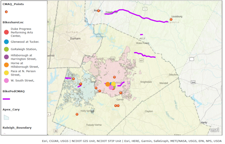 This is a map of the Raleigh, North Carolina showing the locations of CMAQ projects funded between 2016 and 2018. The projects are shown as dots or lines, with different colors for different types of projects.