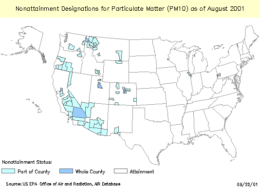 Map of US denoting the counties that are (in whole or part) in nonattainment as of August 2000