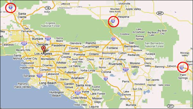 Title: Locations of license plate survey in the Los Angeles metro - Description: Map of L.A. area with routes 5, 15, and 10 marked.