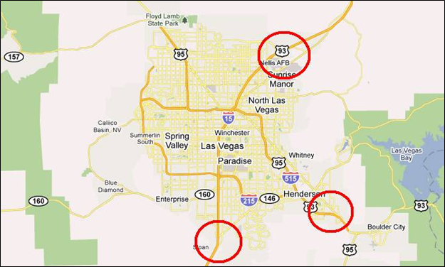Title: Locations of license plate survey in the Las Vegas metro - Description: Map of the Las Vegas area with areas on Route 93 and 15 marked.