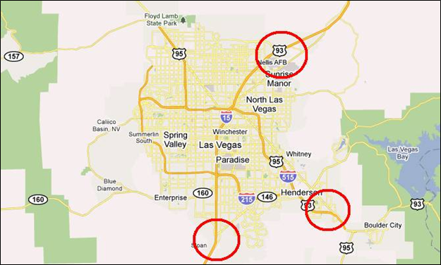 Title: Survey sites for out-of-region vehicles study - Description: The map shows placements off of Route 93 and Route 15 outside of Las Vegas.