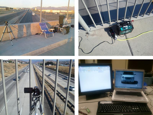 Title: License plate survey setup - Description: Four images of cameras and laptops, depicting the setup used to survey license plates.