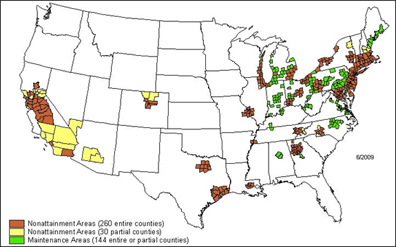 Title: 8-hr ozone nonattainment and maintenance areas in the U.S. - Description: Map of the U.S. with nonattainment and maintenance areas distinguished. The map shows high density areas of the northeast coast lines as well as southern California.