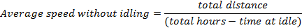 Average speed without idling equals total distance divided by total hours minus time at idle