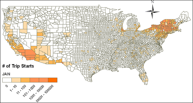 Title: StartAllocFactor, January 2010 - Description: Map of the U.S. showing the number of trip starts per local area. The data pattern is similar to the one in Figure 4 5, and reflects the fact that many of the trucks in this dataset are operated out of the Northeast and Southern California regions. Although the truck samples in the dataset are biased towards these two regions, a weighting function such as one based on VMT by county as used in MOVES2010 could allow the number of trip starts in these two regions to be projected to counties in the other regions.