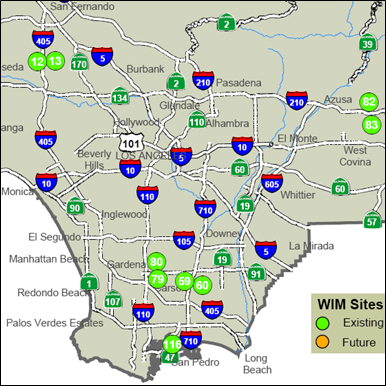 Title: Coverage of WIM stations - Description: Map of WIM relative to roads. The existing sites are located off of Route 495, Route 210 and the southern tip of Los Angeles.