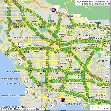Title: Vehicle detector stations in Los Angeles - Description: Map of vehicle detector stations. The map shows a how almost all of the roads of LA have stations along all major highways.