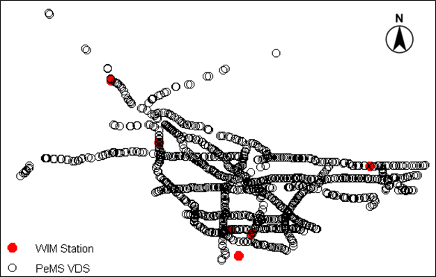 Title: Locations of 1466 PeMS VDS and the selected 11 WIM stations in the Los Angeles County - Description: Map of WIM stations without area or boundary lines. There are 20 WIM stations in both directions of the freeways in Los Angeles County. Based on the health report of these WIM stations, only 11 of them are functional. These stations include VAN NUYS (SB/NB) along I-405, CASTAIC (SB/NB) along I-5, LA 710 (SB/NB) along I-710, ARTESIA (EB/WB) along SR-91, GLENDORA (EB/WB) along I-210, and LONG BEACH PORT along SR-47. The locations of the PeMS VDS (mainline only) and the selected 11 WIM stations in the Los Angeles County. Note that there are five WIM stations that are located at the same location as another station, but in the opposite direction of the freeway.