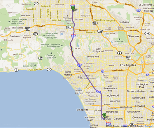 Title: Locations of the WIM station (Point A) and the VDS (Point B) - Description: Map of route from WIM station to VDS. This figure depicts the locations of the Van Nuys WIM station (Point A) and the VDS #718479 (Point B).