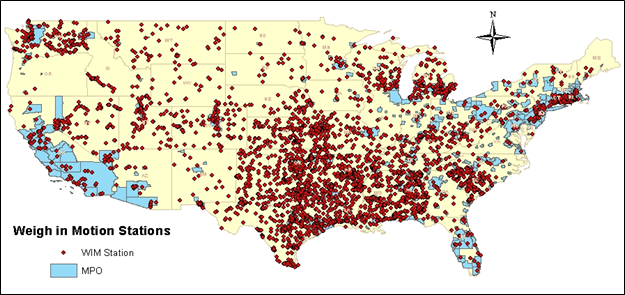 Title: WIM stations across the U.S. - Description: The maps shows a higher density of stations in the midwest, northwest and northeast United States.