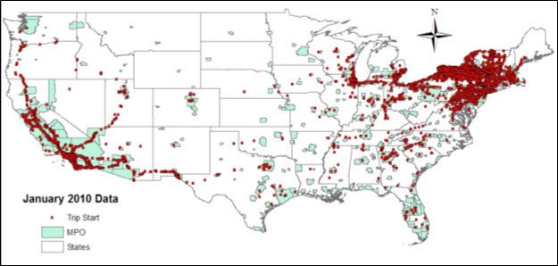 Title: Trip start locations - U.S., January 2010 - Description: The map shows high density in the northeast and sparingly in the southwest.