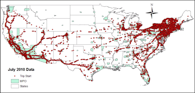 Title: Trip start locations - U.S., July 2010 - Description: The map shows high density in the northeast and sparingly in the southwest and west coast.