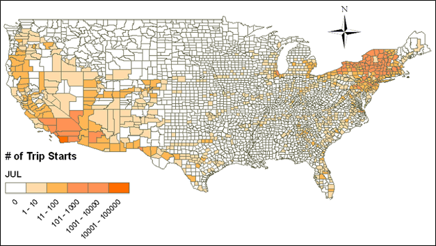 Title: StartAllocFactor - U.S., July 2010 - Description: The map shows high density in the northeast and sparingly in the southwest and east coast.