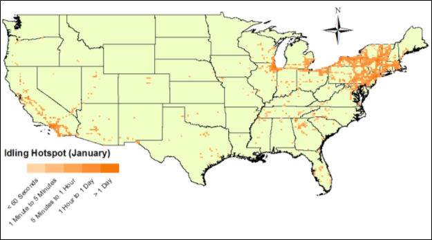 Title: Gradient map of truck idling activity and hot spots - U.S., January 2010 - Description: The map shows high density in the northeast and sparingly in the southwest.