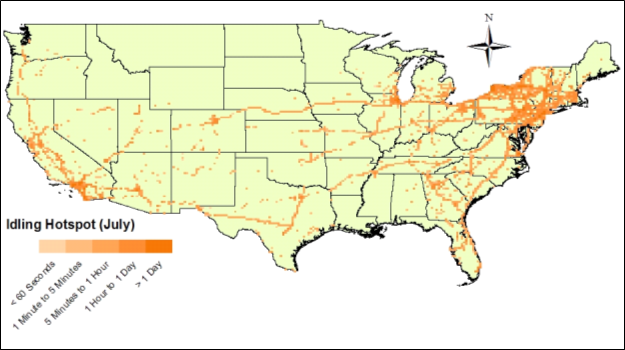 Title: Gradient map of truck idling activity and hot spots - U.S., July 2010 - Description: The map shows high density in the northeast and sparingly in the southwest and east coast.