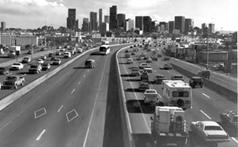 This collage of three images depicts control measure situations. The first image shows high occupancy vehicle lanes in Denver, Colorado. 