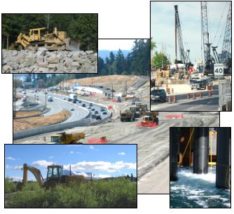 Five pictures, clockwise from top right; 1) several cranes and cement trucks working on a highway widening project, 2) a bubble curtain enclosing a pile, providing noise reduction to marine life, 3) a backhoe loader working in a rural setting, 4) a front end loader driving over large rocks, an 5) a highway realignment project with dump trucks and loaders present.