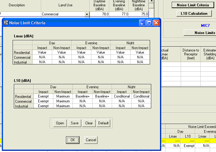 Figure 10. Noise Limit Criteria pop-up dialogue box