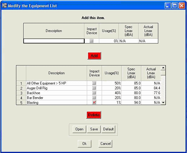 Figure 6. Equipment list modification dialogue box