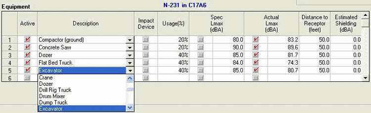 Figure 8. Equipment dialogue box, with pull-down menu shown