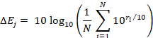 Delta E sub j equals 10 times the base-10 logarithm of the quantity of 1 divided by N times the summation from i equals 1 to N of 10 to the power of the quantity of r sub i divided by 10.