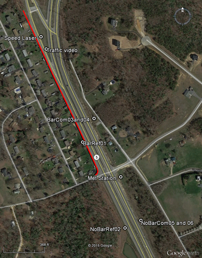 A measurement site aerial photograph with measurement locations overlaid. Road is generally running north/south. Going from north to south is the speed laser, followed by traffic video, BarCom 03 and 04 on the east side of the road opposite the barrier which is on the west side, then BarRef01 atop the Barrier, a met station south of the Barrier, and then NoBarRef 02 on the west side and NoBarCom05 and 06 on the east side of the road.