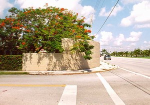 Photo of a noise barrier curved inward toward the community at an intersection