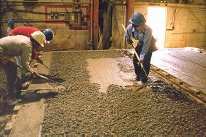 Photo showing a pre-cast noise barrier panel with raked surface finish during the manufacturing process