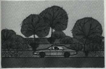 drawing of a car on a road by trees