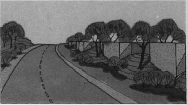 drawing of a road by a wall with trees