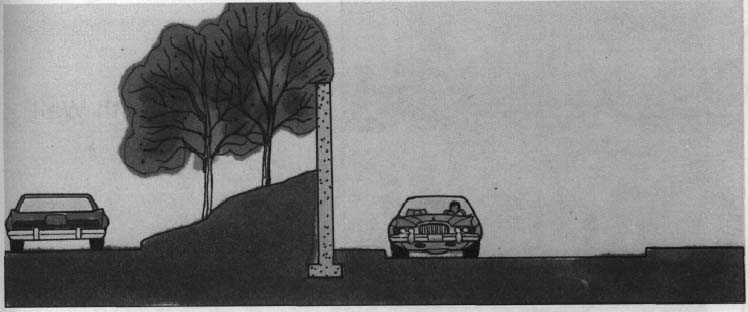 Earth berm on highway side of barrier. Drawing of two cars on either side of barrier.