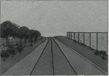 drawing of a two lane road with trees on the left and a wall on the right