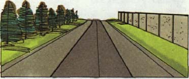 drawing of a two lane road with trees on the left and a wall on the right