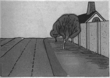 drawing of a road with a tree and a wall