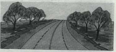 drawing of a four lane road with trees
