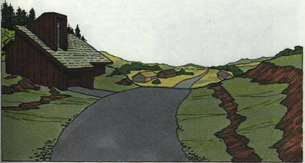 drawing of a rural road with buildings