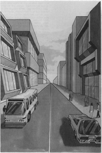 drawing of a city street with a car and bus