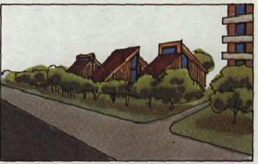 drawing of a tree lined road with buildings