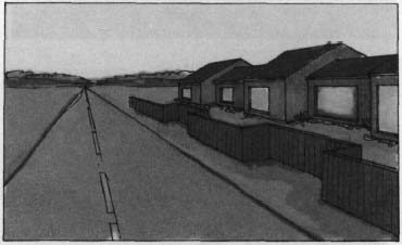 drawing of a two lane road with houses on the right