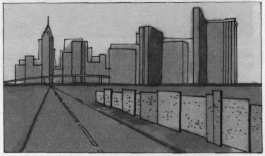 drawing of a two lane road with a wall on the right and a city skyline in the background