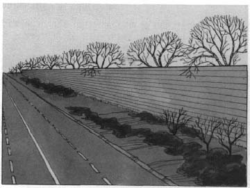 drawing of a 4 lane roade with a wall on the right