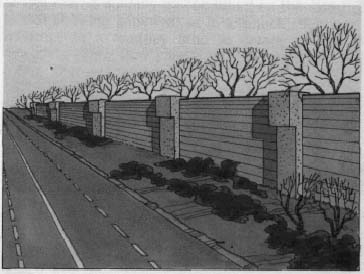 drawing of a four lane road with a wall with vertical columns