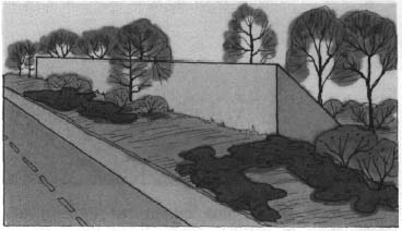 drawing of a two lane road with a wall and trees
