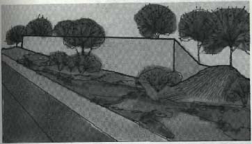 drawing of a two lane road with a wall and trees on the right.