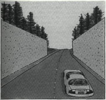 drawing of a car on a two lane roade with high walls on either side