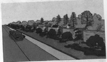 drawing of a wall with alternating right angles and trees by a two lane road
