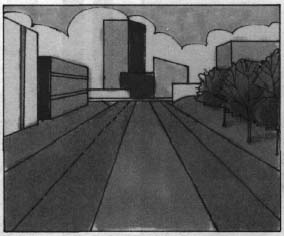 drawing of a road approaching a city skyline