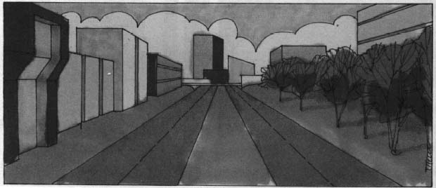 drawing of a four lane divided highway approaching a city